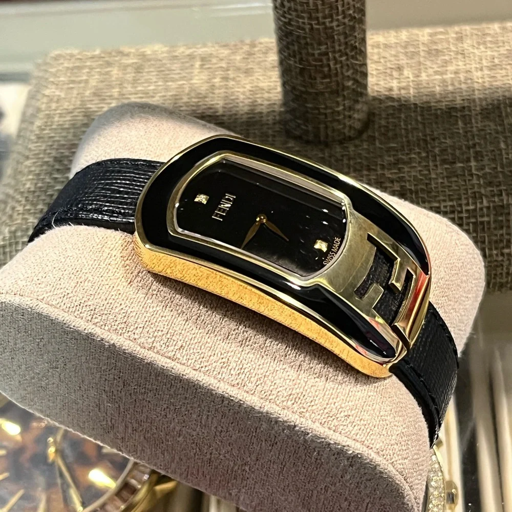 FENDI CHAMELEON AUTHENTIC DOUBLE ICONIC ‘F’ LEATHER DIAMOND WATCH